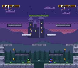 Crossroads: symmetric platforms in front of a castle at dusk