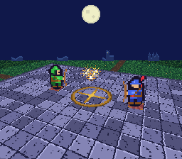 The Mode 7 opening: two archers in a castle courtyard, arrows clashing in mid-air
