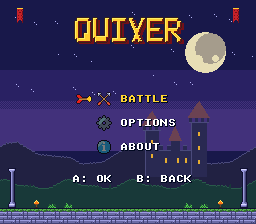 The main menu: BATTLE, OPTIONS and ABOUT, with the arrow cursor
