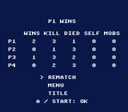Results of a 4-player match: P1 WINS, the WINS / KILL / DIED / SELF / MOBS table and REMATCH / MENU / TITLE