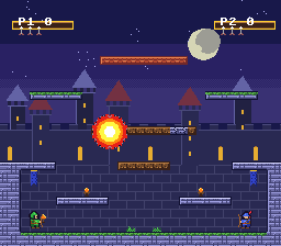 An explosive arrow blowing up at the cracked-stone bridge of Castle Keep