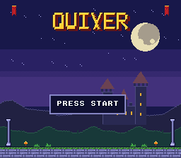 The title screen: the QUIVER logo, the moon and PRESS START